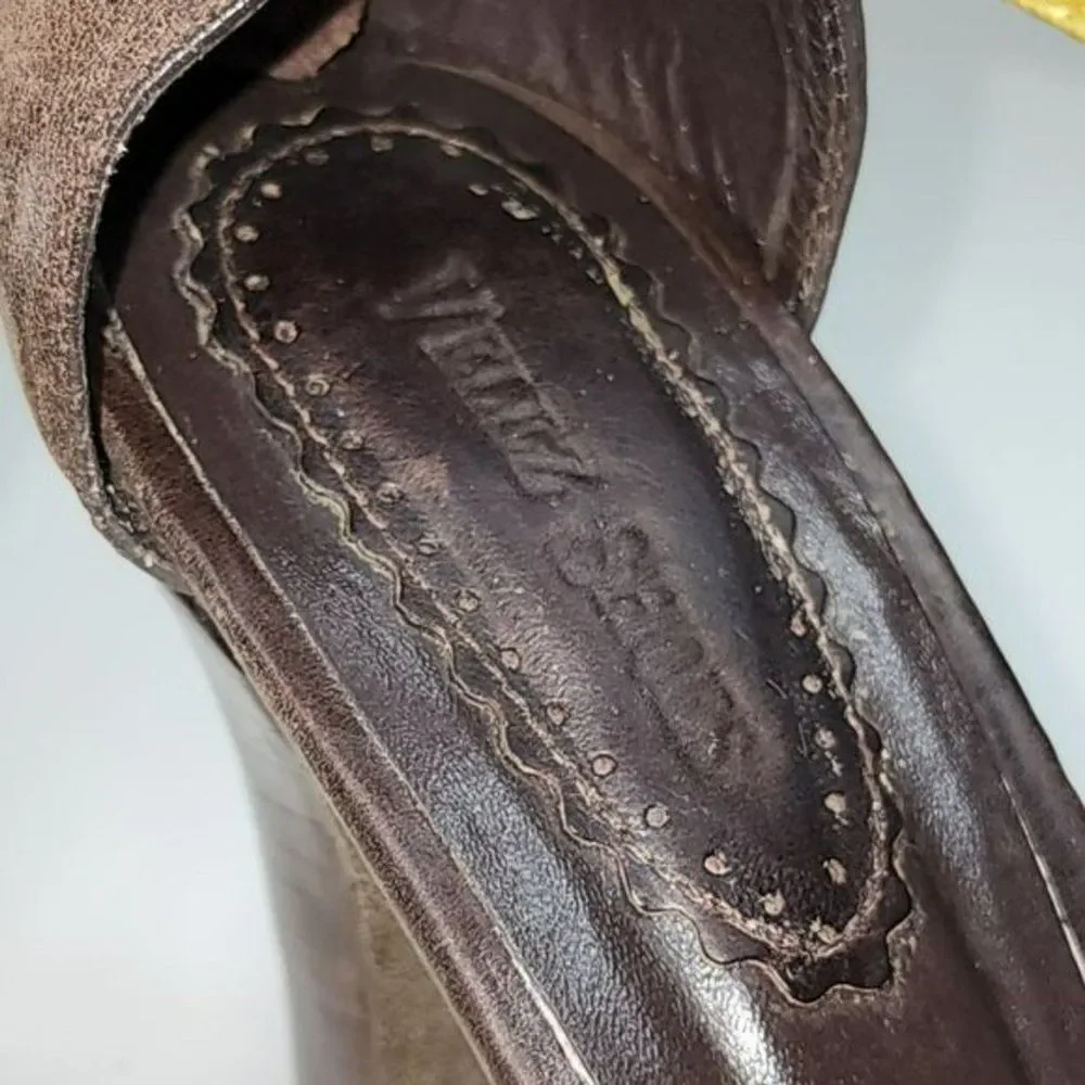 Vintage Velez Women's Shoes Leather Strappy Heeled Sandals 39 US 8.5 Brown Green